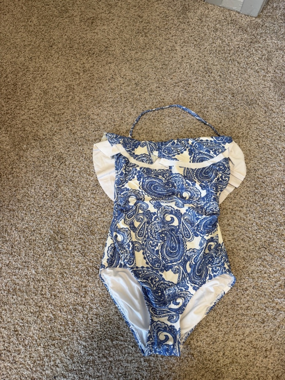 Tommy hillfiger Blue Paisley One-Piece Swimsuit with White Ruffle Shoulders